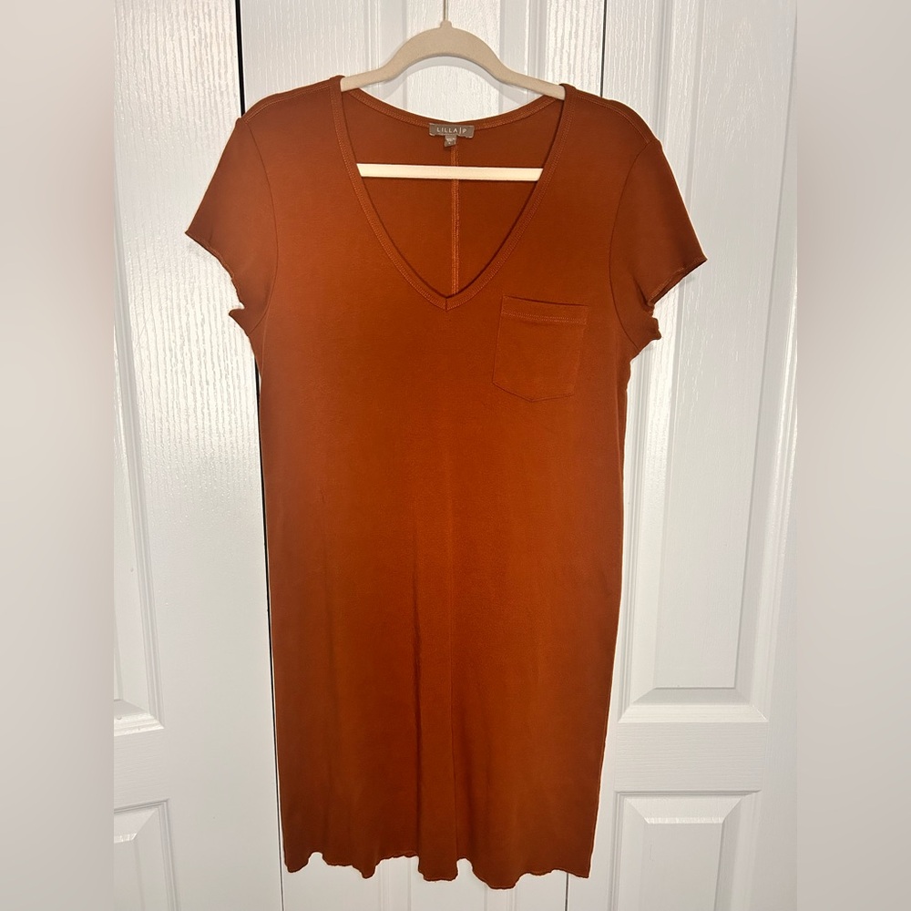 Lilla P Women’s Rust V-Neck Pocket T-Shirt Mini Dress‎ Small S Cotton Minimalist